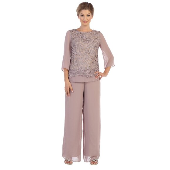 Eva USA Pants - Eva USA Ladies Formal Pant Set-Chiffon & Lace-#3289-SIZE XL-MAUVE-New With Tags